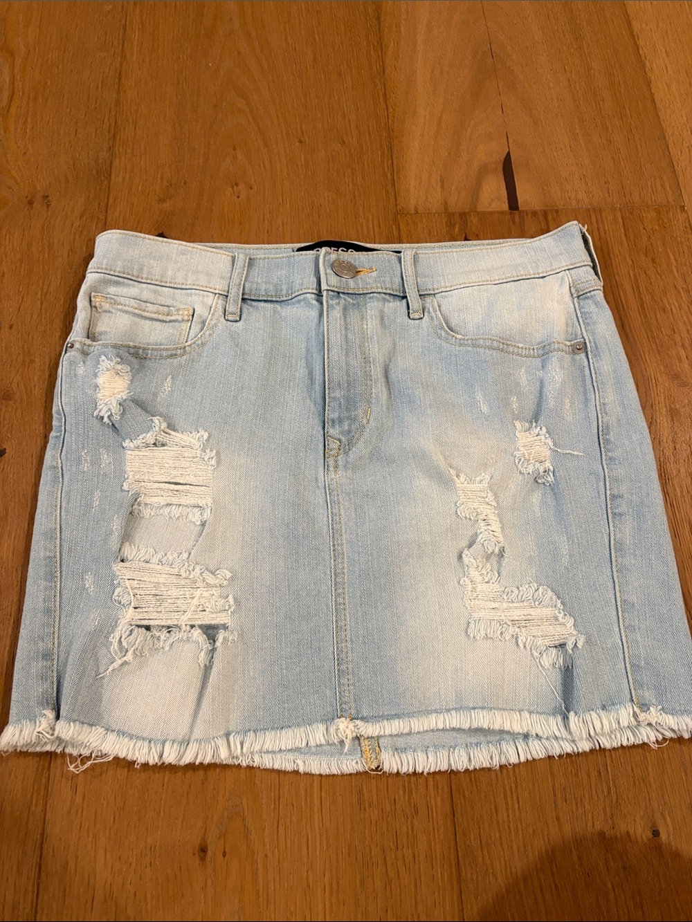 Express Light Blue Distressed Denim Mini Skirt